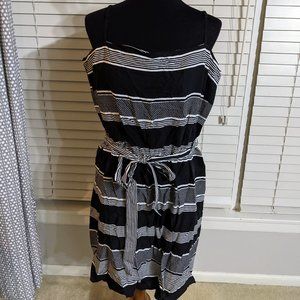 NWT Gap black and cream striped a-line belted dress.